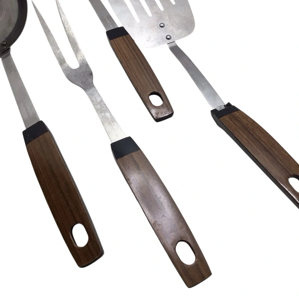 Vintage Prestige Rostfrei Inox 4pc Utensil Set Ladles Spatula Fork Wood Look